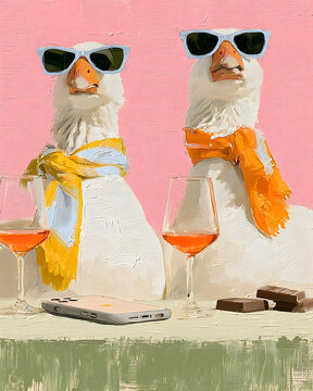 Funny Geese in Sunglasses with Wine Glasses and Scarves, Humorous Contemporary Animal Painting