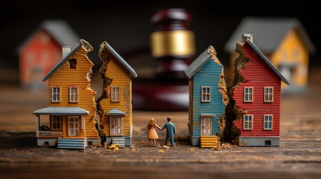 Miniature figurines stand between broken model houses in front of a judge's gavel representing a property settlement during a divorce.