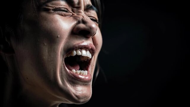 Close up of a woman screaming with intense emotion and dramatic lighting on dark background