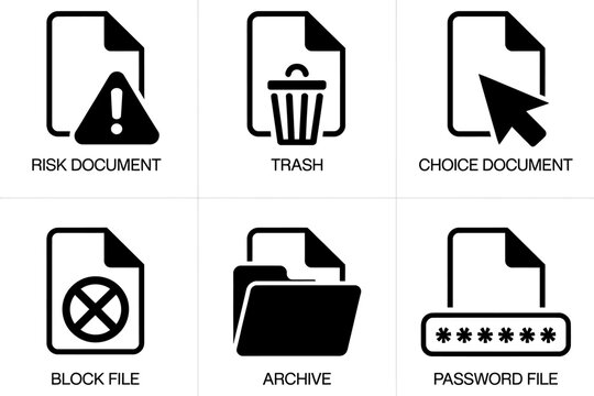 Six document icons representing different file statuses and security types