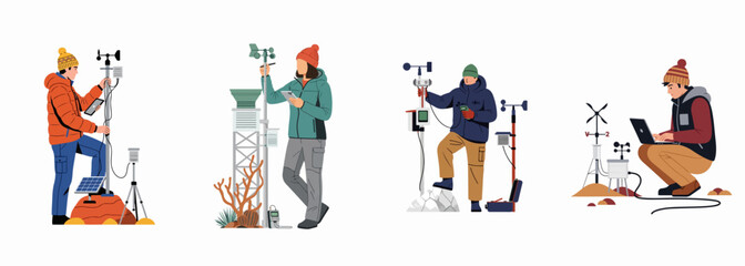 Meteorologists and climate researchers using professional weather stations and digital devices to collect data in diverse extreme field environments. © Sipul