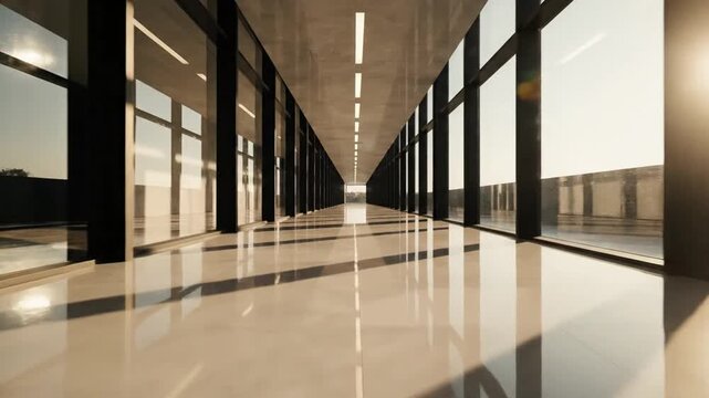Bright and empty modern office corridor with symmetrical glass walls, highly polished reflective flooring, recessed linear ceiling lights, and warm sunlight creating long shadows.