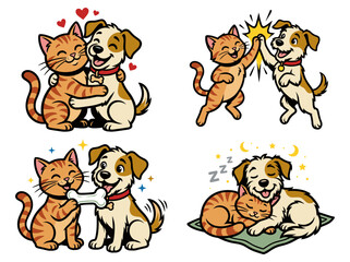 Fototapeta premium Cute cat and dog best friends cartoon characters set