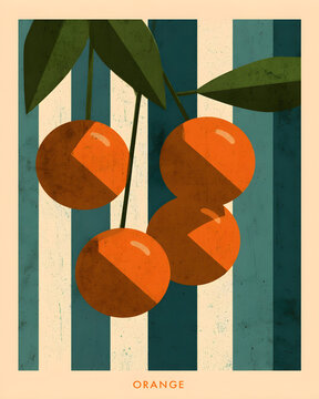 Vintage Style Orange Fruit Poster with Geometric Shapes and Striped Background, Mid Century Modern Design