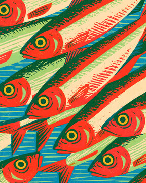 Retro Inspired Fish Pattern Illustration with Bold Colors and Decorative Seafood Design