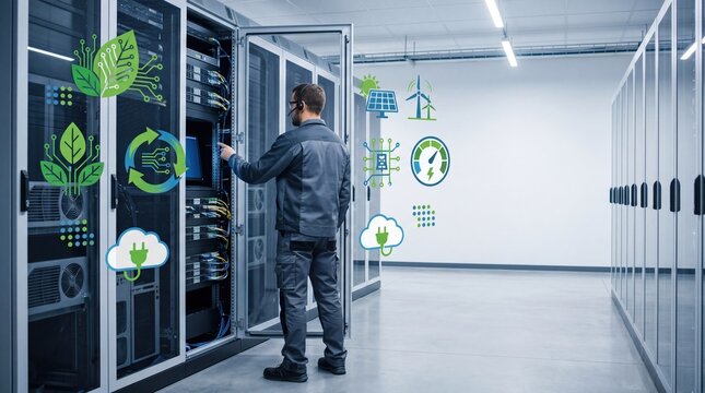 Technician working on server rack with green energy icons, sustainable cloud computing and eco-friendly data center concept for renewable power efficiency.