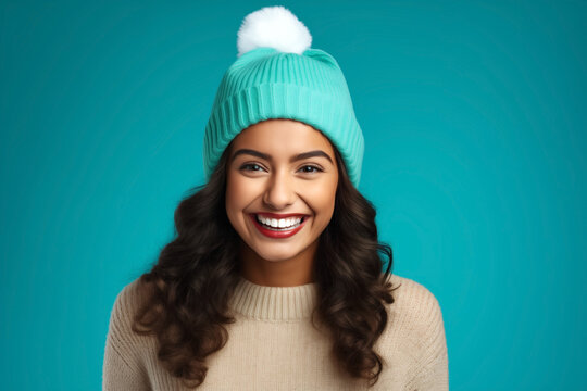 smiling young woman in turquoise warm hat with bubon