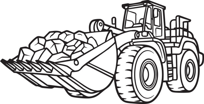 Front End Loader Coloring Page for Kids, Heavy Construction Equipment Vector Line Art, Bulldozer Excavator Illustration for Children Activity Book