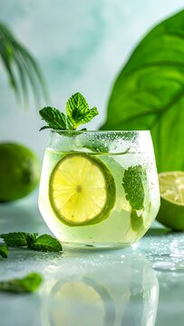 Refreshing lime and mint cocktail with ice and fresh lime slices, garnished with mint leaves, perfect for summer drinks and beverage concepts