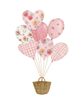 Watercolor Floral Heart Balloons with Basket, Romantic Pastel Nursery Illustration