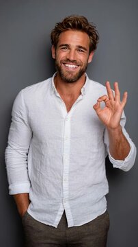 Smiling man with a beard stands against a plain gray background. He wears a white shirt and dark pants, confidently showing an OK hand sign with his right hand, conveying a positive mood
