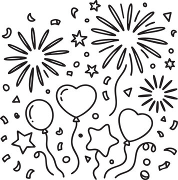 Festive black and white line art illustration featuring floating heart shaped balloons and bright exploding fireworks for holiday celebrations