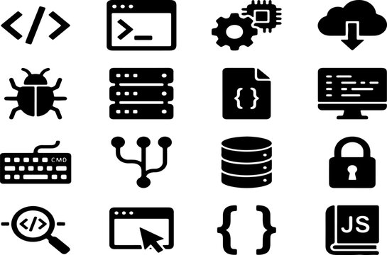 Software development icons set, 16 programming and coding vector symbols, black web engineering signs for computer science and data technology
