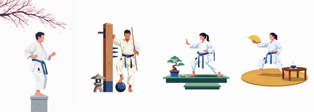 Set of flat illustrations depicting people practicing Japanese martial arts with traditional weapons, training equipment, cherry blossoms, and zen elements.