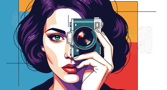 Woman holding a vintage camera up.