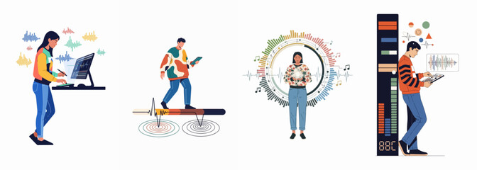 Illustrations of diverse people interacting with digital audio waves, music production tools, and sound visualizations for sound design and engineering concepts. © Sipul