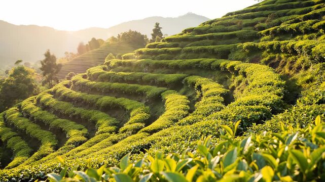 Lush Green Tea Terraces Bathed in Golden Morning Sunlight