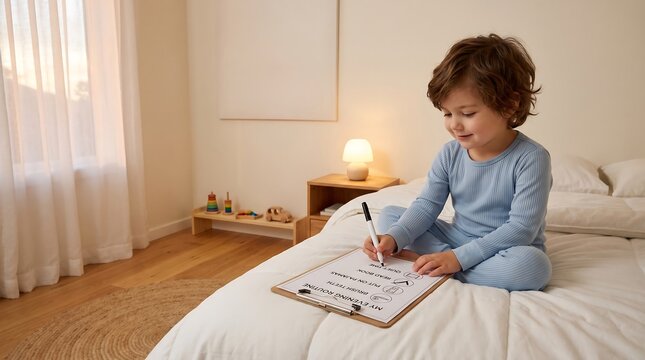 Child completing bedtime checklist on bed in cozy minimalist bedroom