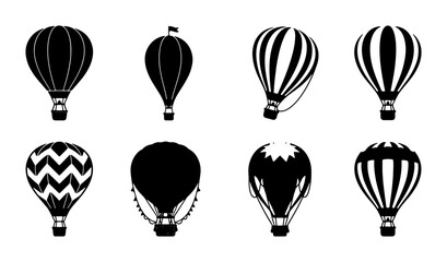Diverse Hot Air Balloon Silhouettes, Vector Set: Classic Adventure & Travel Graphics, Black & White Icons for Exploration Themes © Nurul
