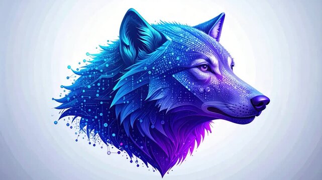 Digital wolf portrait in shades of blue and purple. Abstract, futuristic art