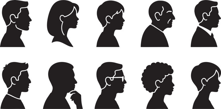 Minimalist Human Side-Profile and Portrait Silhouette Icon Set.