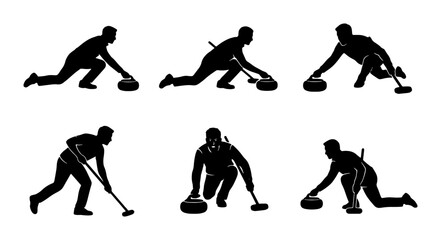 Fototapeta premium Curling Sport Silhouettes, Athlete Poses Set, Winter Ice Game Action, Vector Graphics Collection