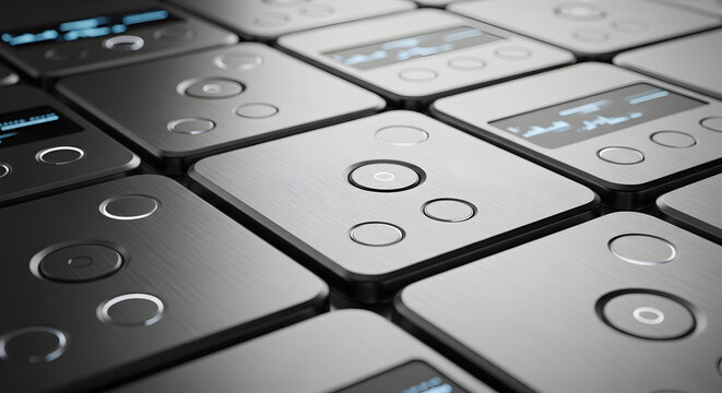Close up macro view of futuristic tactile square keypad buttons with circular touch sensors and glowing blue status display screens on brushed dark metal surface