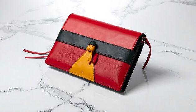 Red leather clutch bag with black and yellow accents, decorative tassel, and stitched details on a marble surface, elegant accessory for evening wear