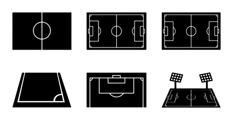 Set of 6 Black and White Soccer Field Icons, Football Pitch Illustrations, Sports Arena Graphics, Game Layouts, Stadium Views, Vector Elements © Shakhawat