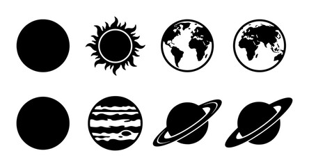 Solar System Icons, Celestial Bodies Vector Set: Sun, Planets, Earth Globe, Saturn Rings, Cosmic Elements for Astronomy and Science Graphics © Shakhawat