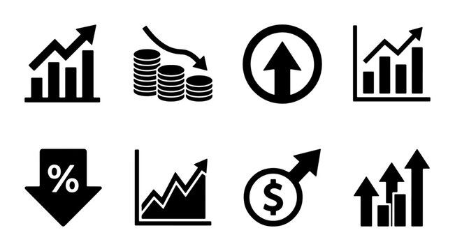 Financial Growth and Decline Icons, Business Analytics and Investment Symbols, Vector Set