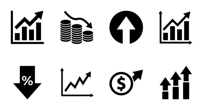 Financial Growth and Decline Icons, Stock Market Trends, Investment Charts, Business Analytics, Economic Data, Percentage Decrease, Upward Arrow, Coin Stack, Vector Set