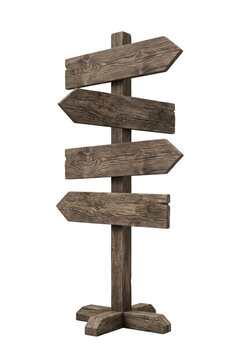 Dark weathered wooden directional signpost 3/4 view isolated. Rustic path marker template.