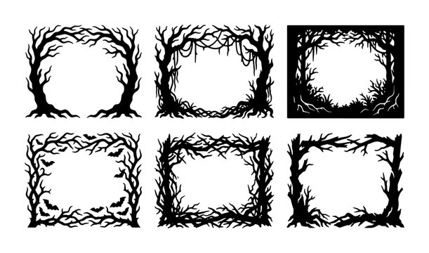 Spooky Halloween Tree Branch Frames, Vector Set: Creepy Forest Borders, Gothic Ornate Designs, Dark Nature Elements for Seasonal Invitations and Decorations