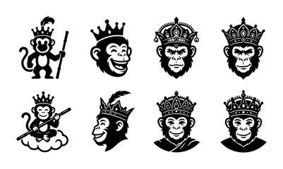 Fototapeta premium Monkey King Vector Icons Set, Royal Primate Character Illustrations, Black and White Crowned Ape Graphics, Mythological Character Designs