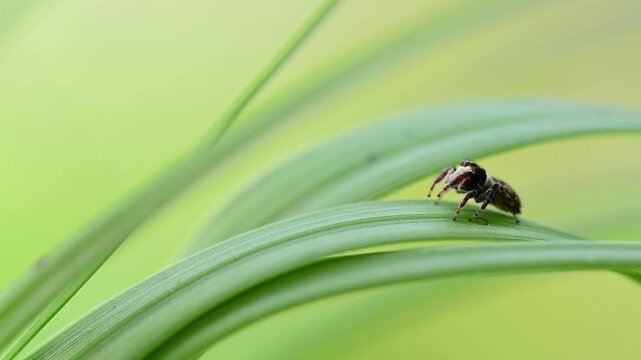 Nature macro highlighting small predator moving on grass blades
