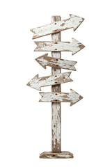 White peeling paint wooden directional signpost isolated. Vintage path marker template. © PNG Lab