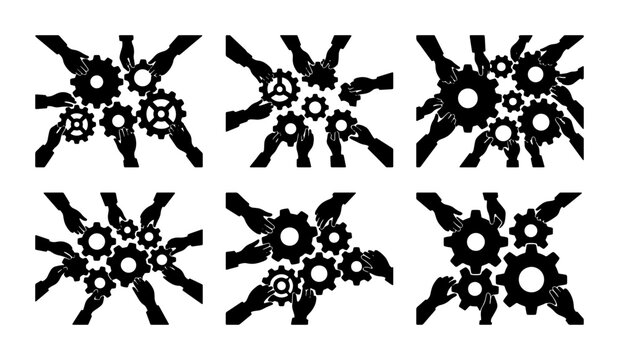 Teamwork Gears Vector Set: Collaborative Business Mechanics, Human Hands Interlocking Cogwheels for Synergy and Partnership Concepts, Industrial Connection Icons