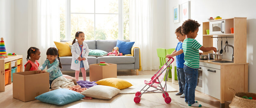 Children playing role-playing games and imaginative play indoors in a bright living room
