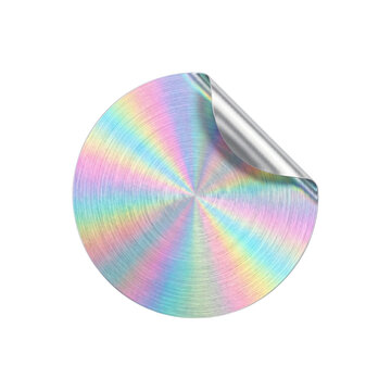 Circular holographic sticker with peeled corner isolated. Iridescent graphic mockup.