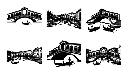 Rialto Bridge Venice Vector Icons, Gondola Canal Scenes, Italian Architecture Silhouettes, Black and White Cityscape Elements © Shakhawat