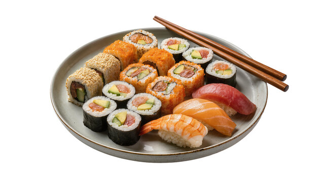 Isolated Japanese sushi platter with assorted fresh nigiri and maki rolls, served with chopsticks