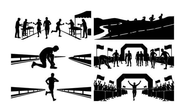 Running Race Vector Icons: Marathon Start, Finish Line, Athletes, and Finishers Silhouette Collection