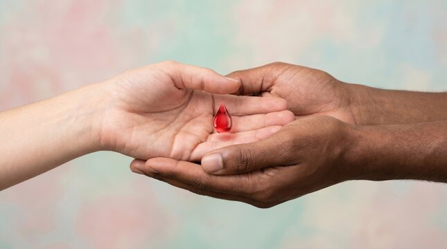 Two Hands Meeting in Center Holding Red Drop