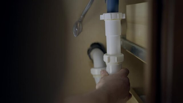 Homeowner fixing under sink plumbing connections for leakage