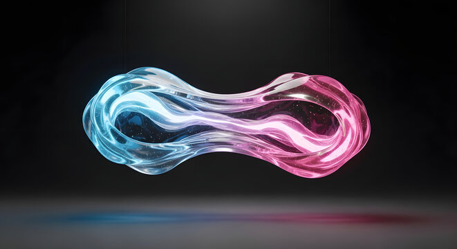 Twisted infinity shaped glass loop filled with swirling dual tone blue and magenta electrical plasma, conceptual representation of perpetual clean energy and quantum mechanics