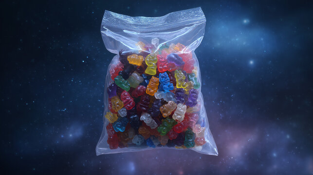 A transparent plastic bag filled with a vibrant assortment of colorful gummy bear candies floating in a deep cosmic space background filled with stars, nebulae, and celestial light