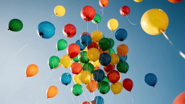 Colorful balloons floating against clear blue sky festive celebration party decoration outdoors