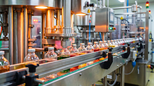 Automated beverage filling production line in operation with glass bottles on conveyor belt