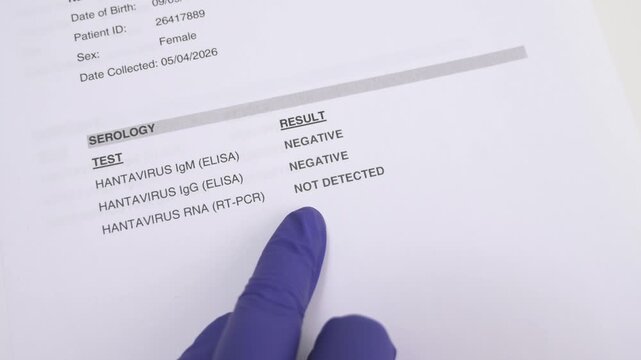 A medical report showing hantavirus test results, with a gloved hand pointing at Not Detected. Useful for healthcare or medical education.